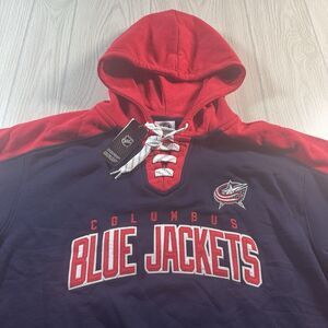 Columbus Blue Jackets Lace Up Hoodie Men’s L Blue Logo Spellout Hockey CBJ New